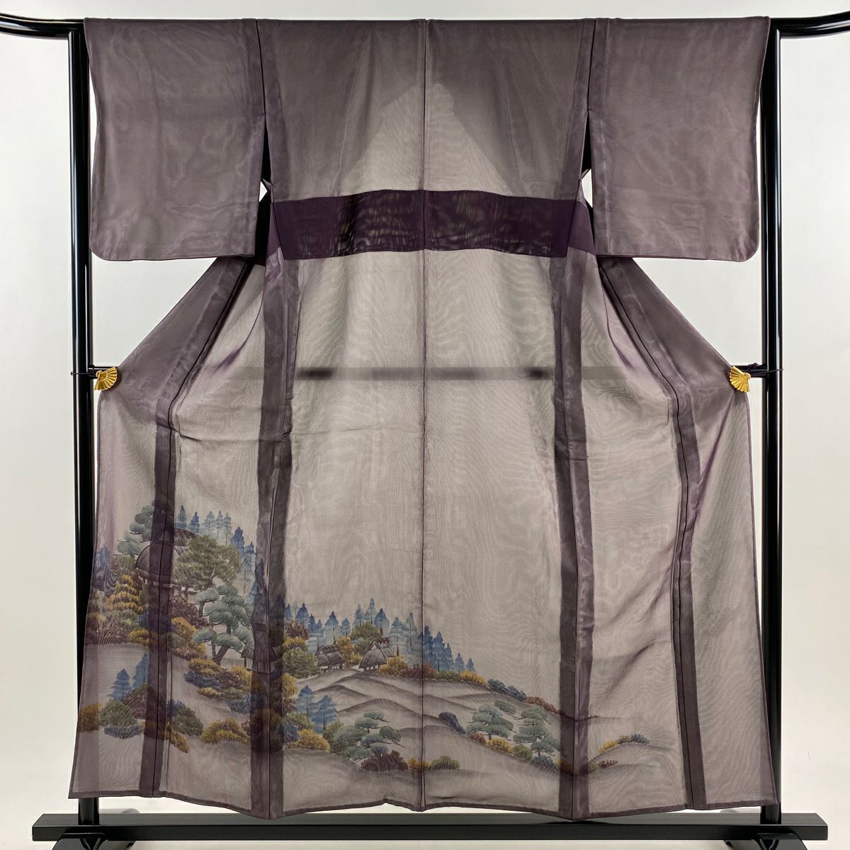 付下 身長156.5cm 袖長64cm M 紗絽雙層 風景 建物 漸層 深紫 純蠶絲 名品級
