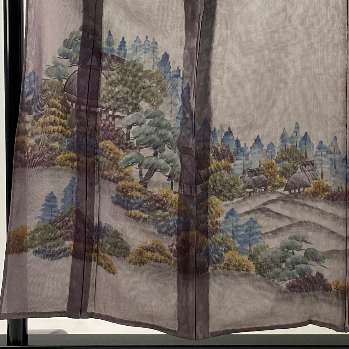 付下 身長156.5cm 袖長64cm M 紗絽雙層 風景 建物 漸層 深紫 純蠶絲 名品級