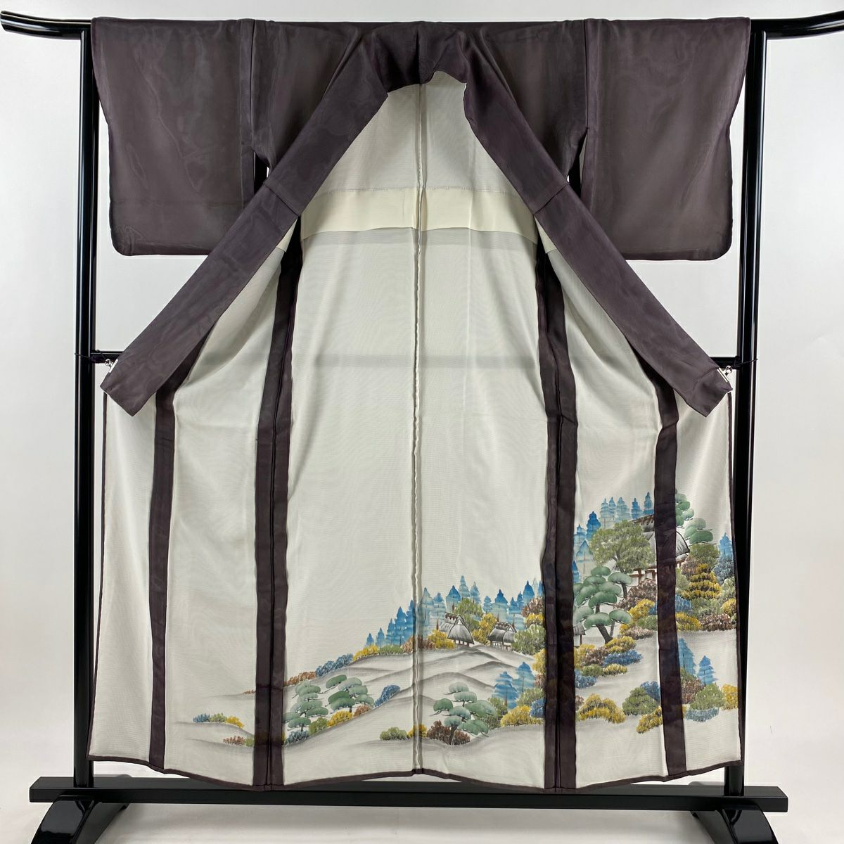 付下 身長156.5cm 袖長64cm M 紗絽雙層 風景 建物 漸層 深紫 純蠶絲 名品級