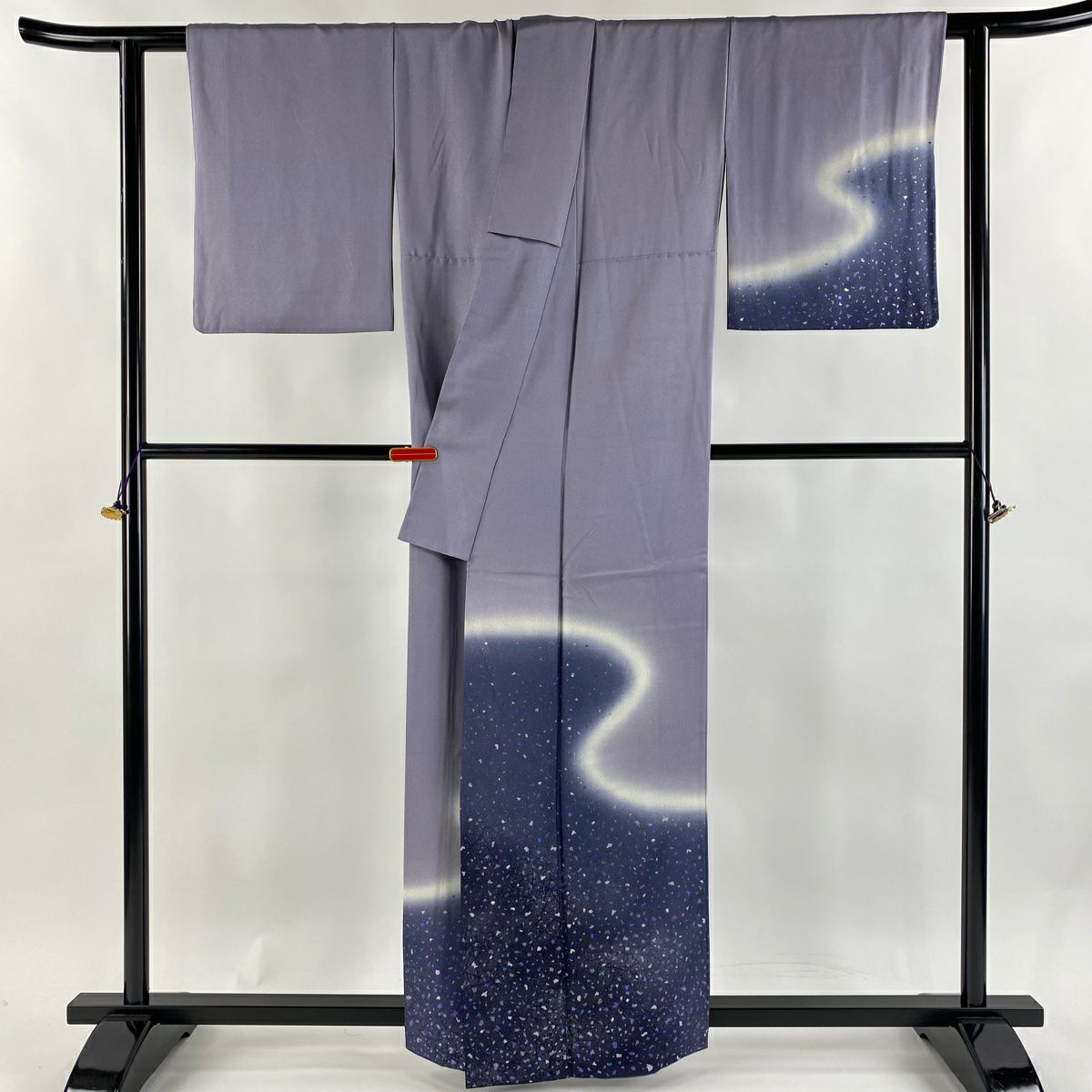 付下 身長159cm 袖長62.5cm S 雙層 藤林德扇子 落款あり 幾何學圖案 霞 銀通 銀銀彩 灰紫 純蠶絲 逸品級