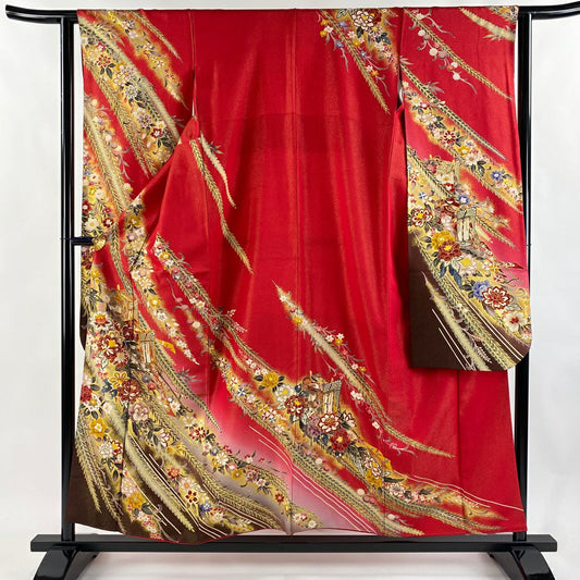 【美品】振袖禮服 身長153cm 袖長62.5cm S 雙層 御所車 草花紋 金通 金絲 紅 純蠶絲 逸品級