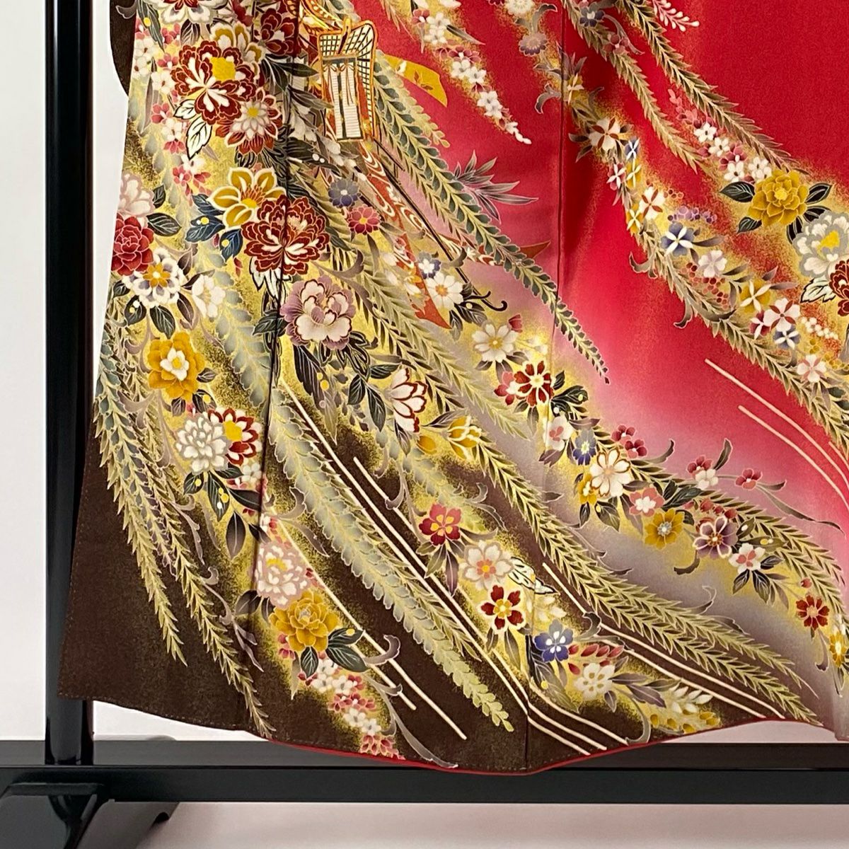 【美品】振袖禮服 身長153cm 袖長62.5cm S 雙層 御所車 草花紋 金通 金絲 紅 純蠶絲 逸品級