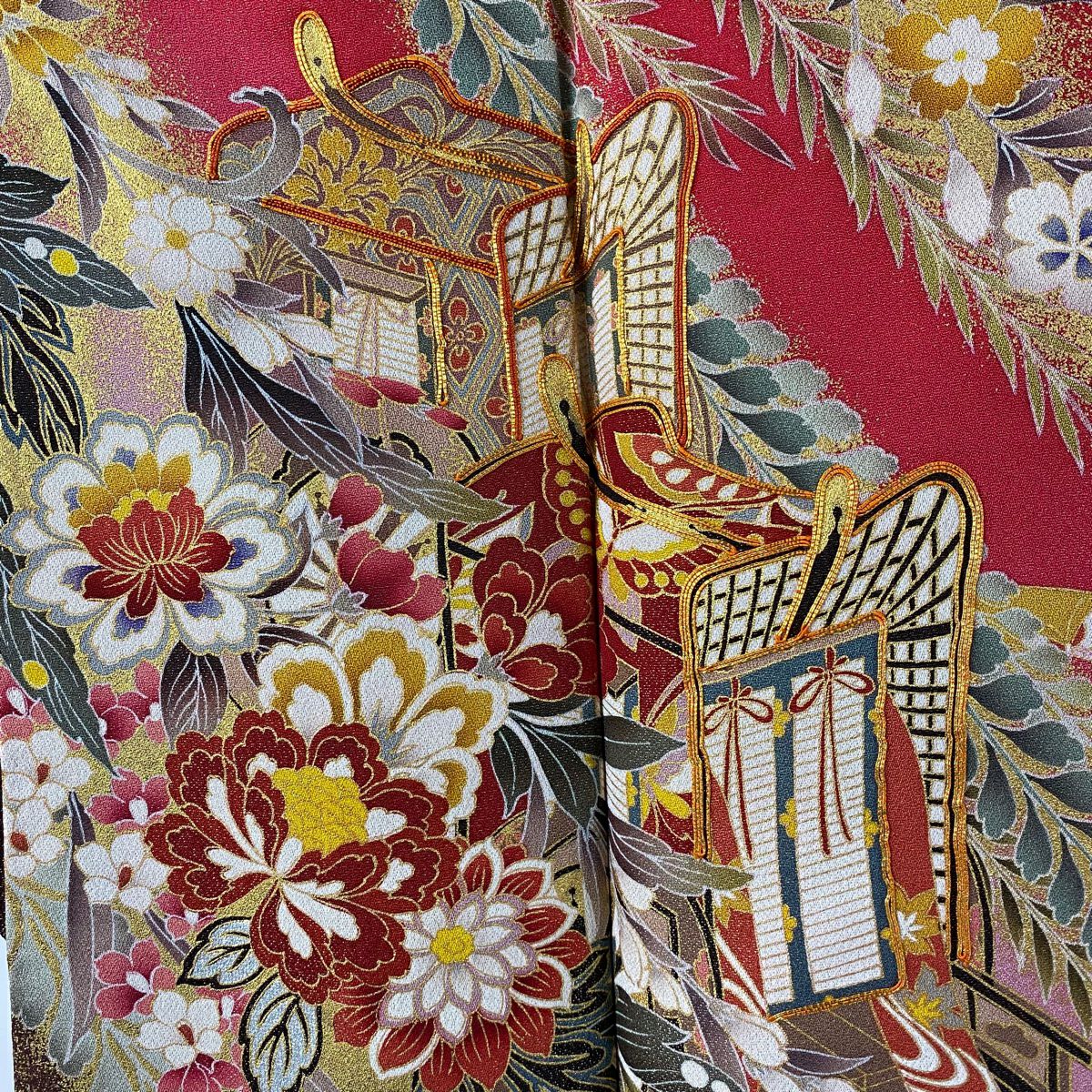 【美品】振袖禮服 身長153cm 袖長62.5cm S 雙層 御所車 草花紋 金通 金絲 紅 純蠶絲 逸品級