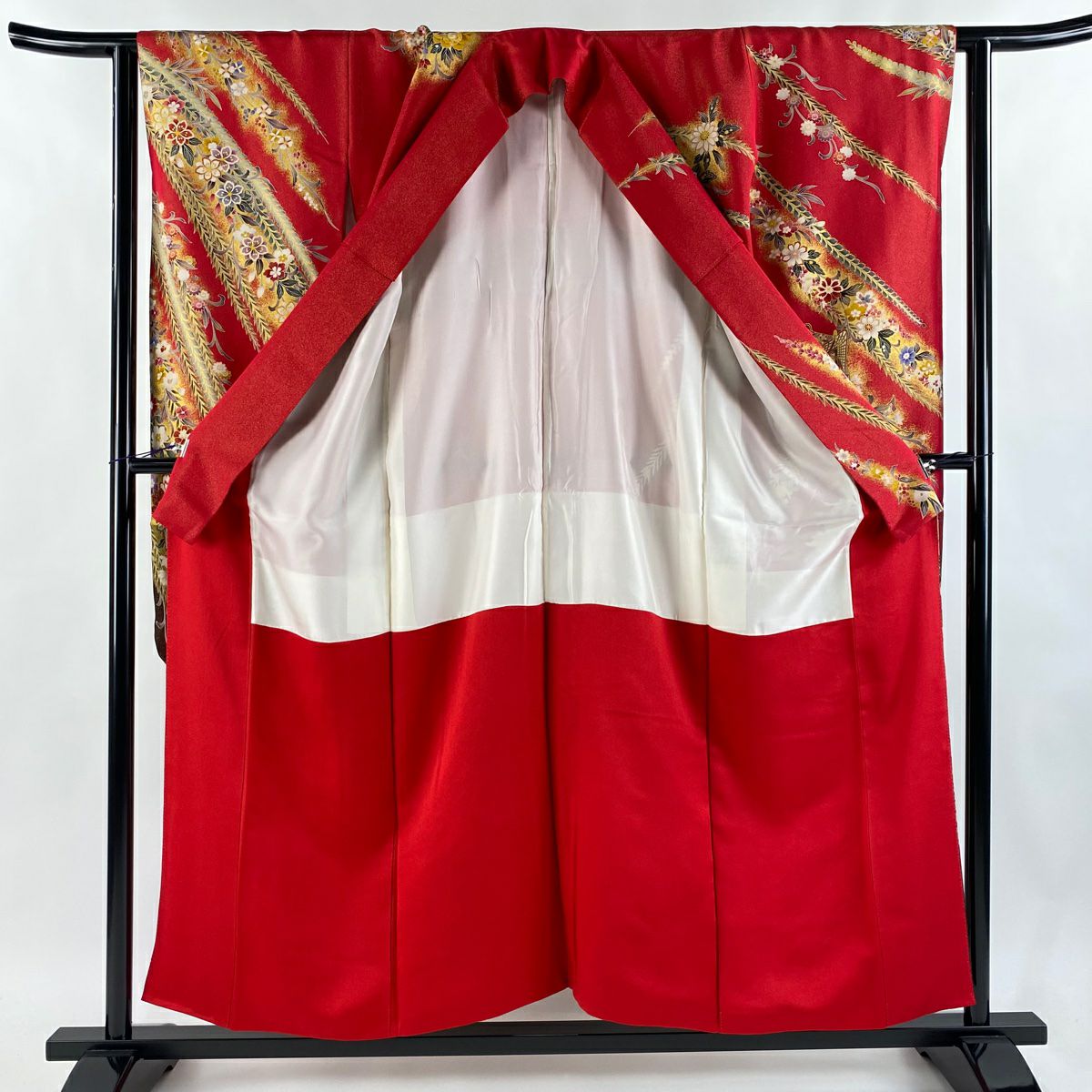 【美品】振袖禮服 身長153cm 袖長62.5cm S 雙層 御所車 草花紋 金通 金絲 紅 純蠶絲 逸品級