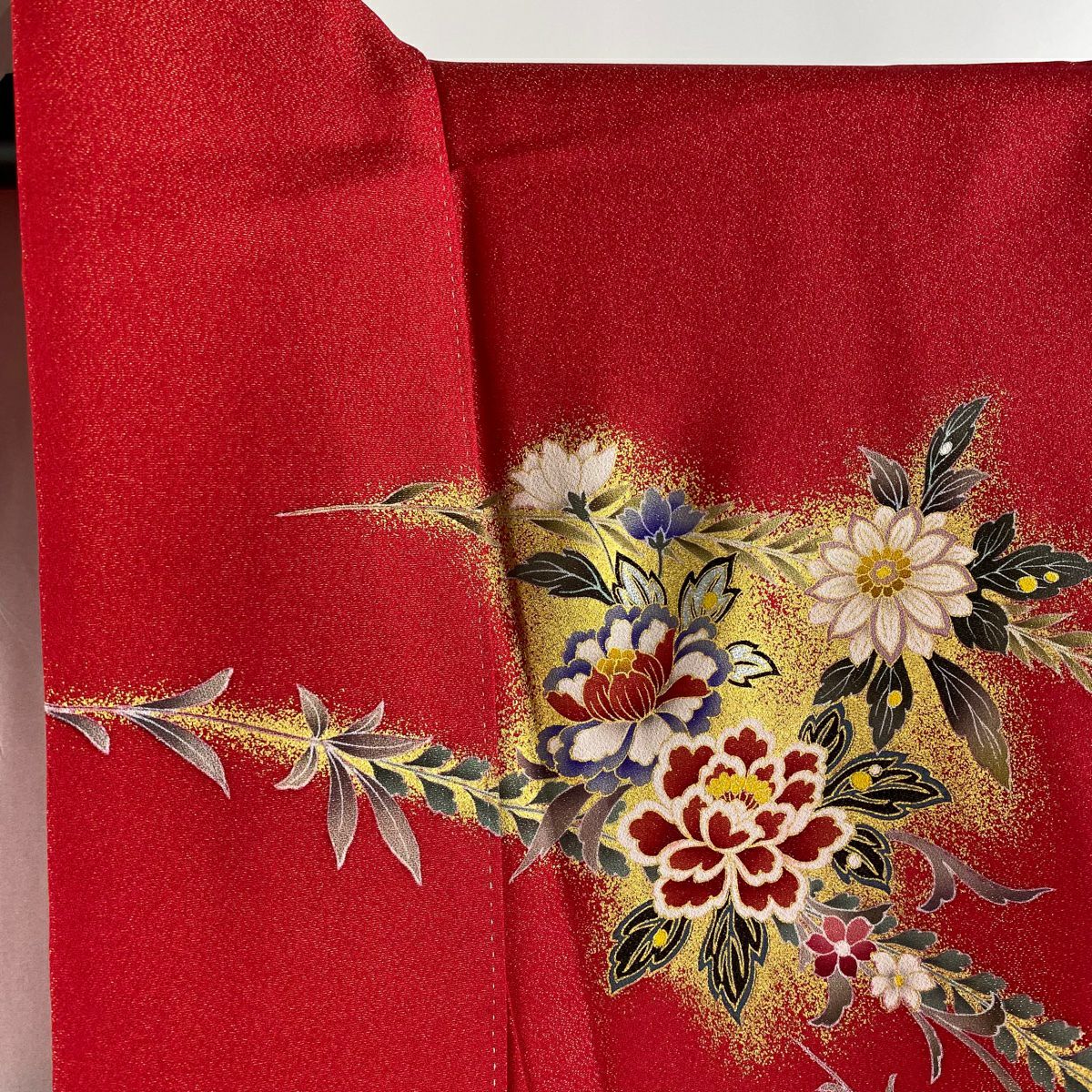 【美品】振袖禮服 身長153cm 袖長62.5cm S 雙層 御所車 草花紋 金通 金絲 紅 純蠶絲 逸品級