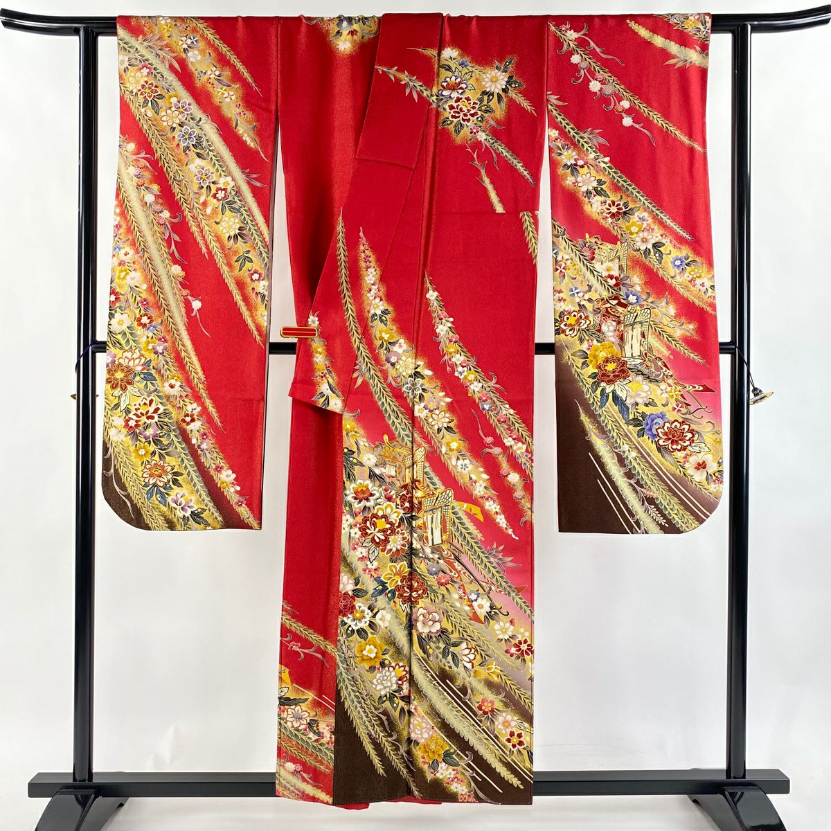 【美品】振袖禮服 身長153cm 袖長62.5cm S 雙層 御所車 草花紋 金通 金絲 紅 純蠶絲 逸品級
