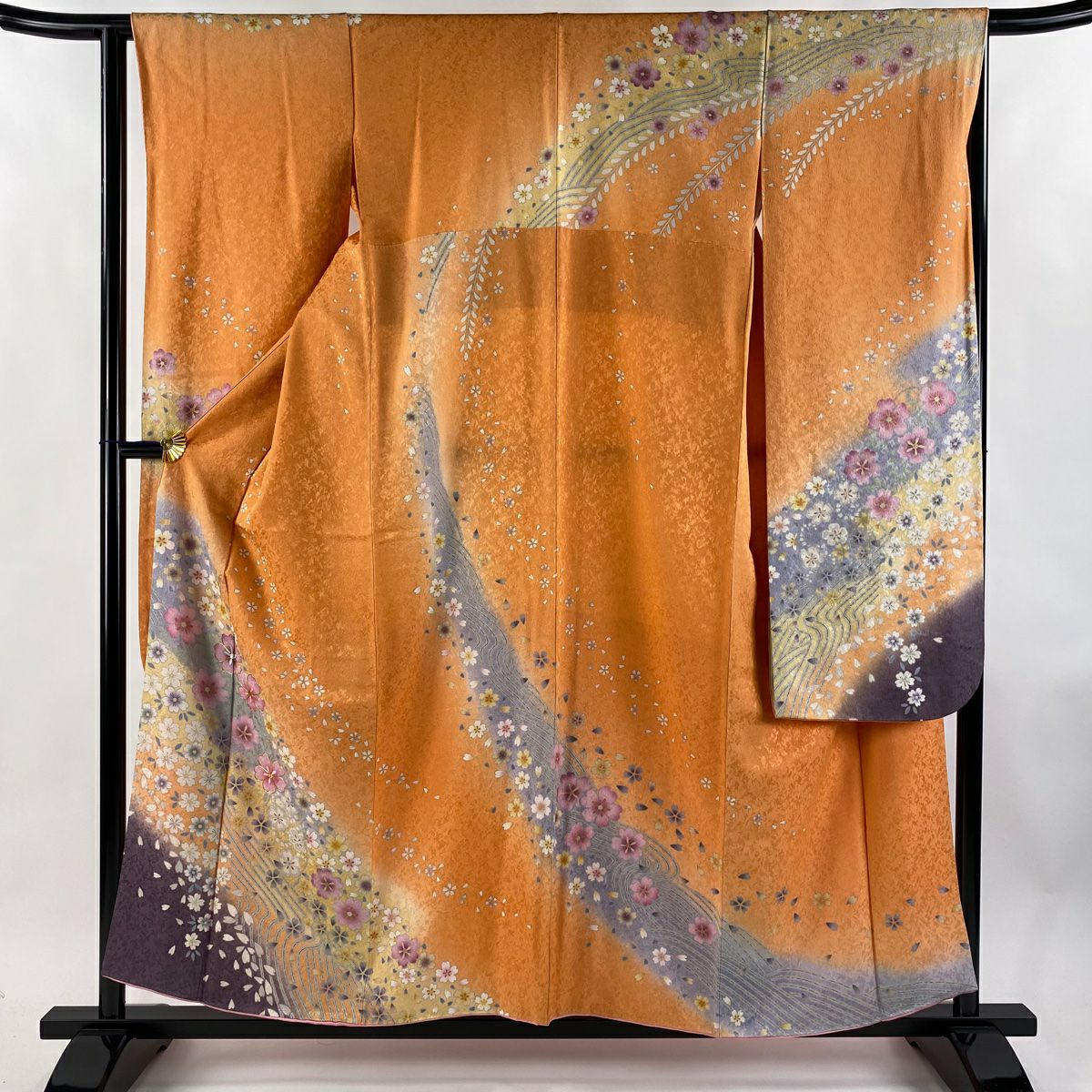 【美品】振袖禮服 身長156cm 袖長64.5cm M 雙層 櫻花花瓣 銀通金絲 橙色 純蠶絲 逸品級