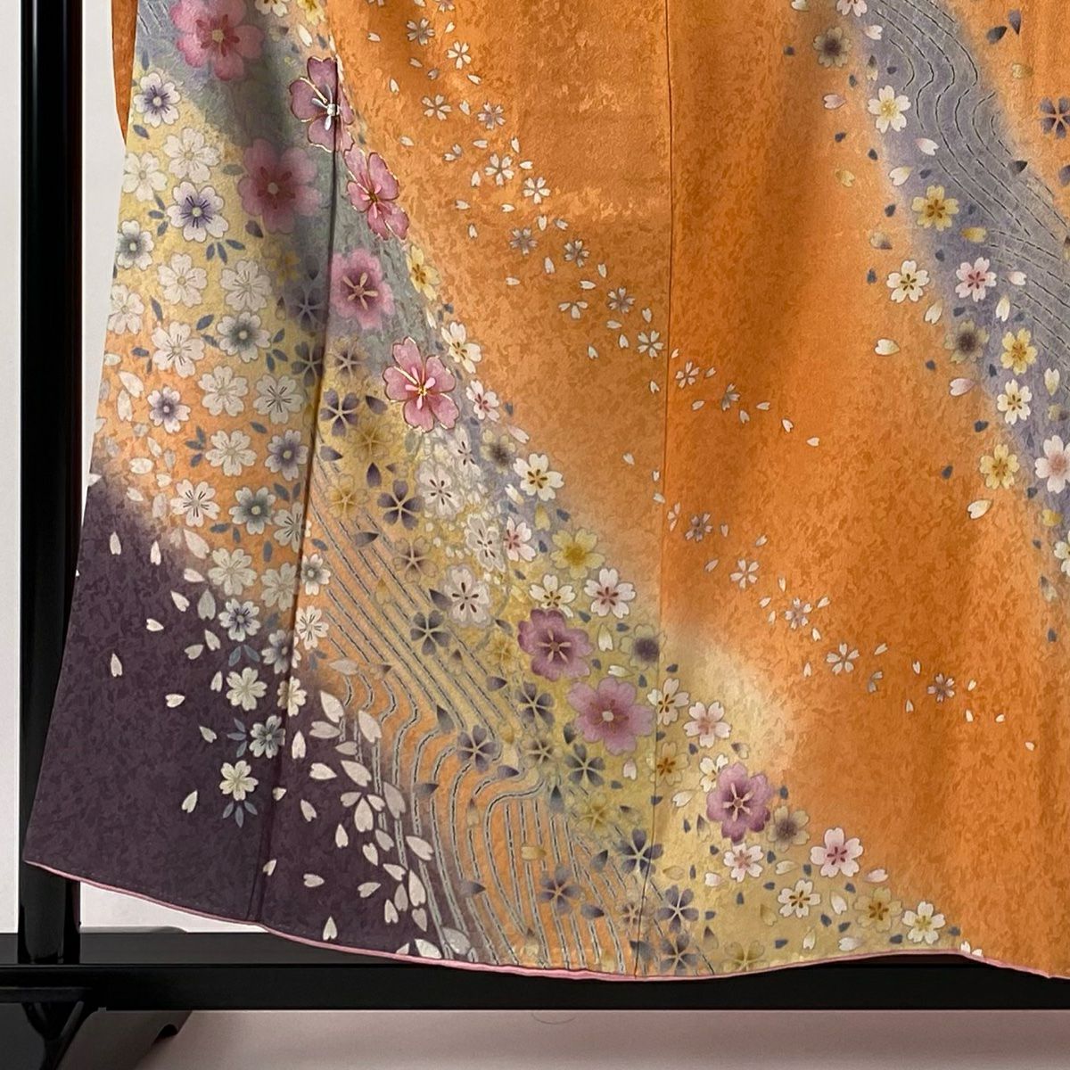 【美品】振袖禮服 身長156cm 袖長64.5cm M 雙層 櫻花花瓣 銀通金絲 橙色 純蠶絲 逸品級
