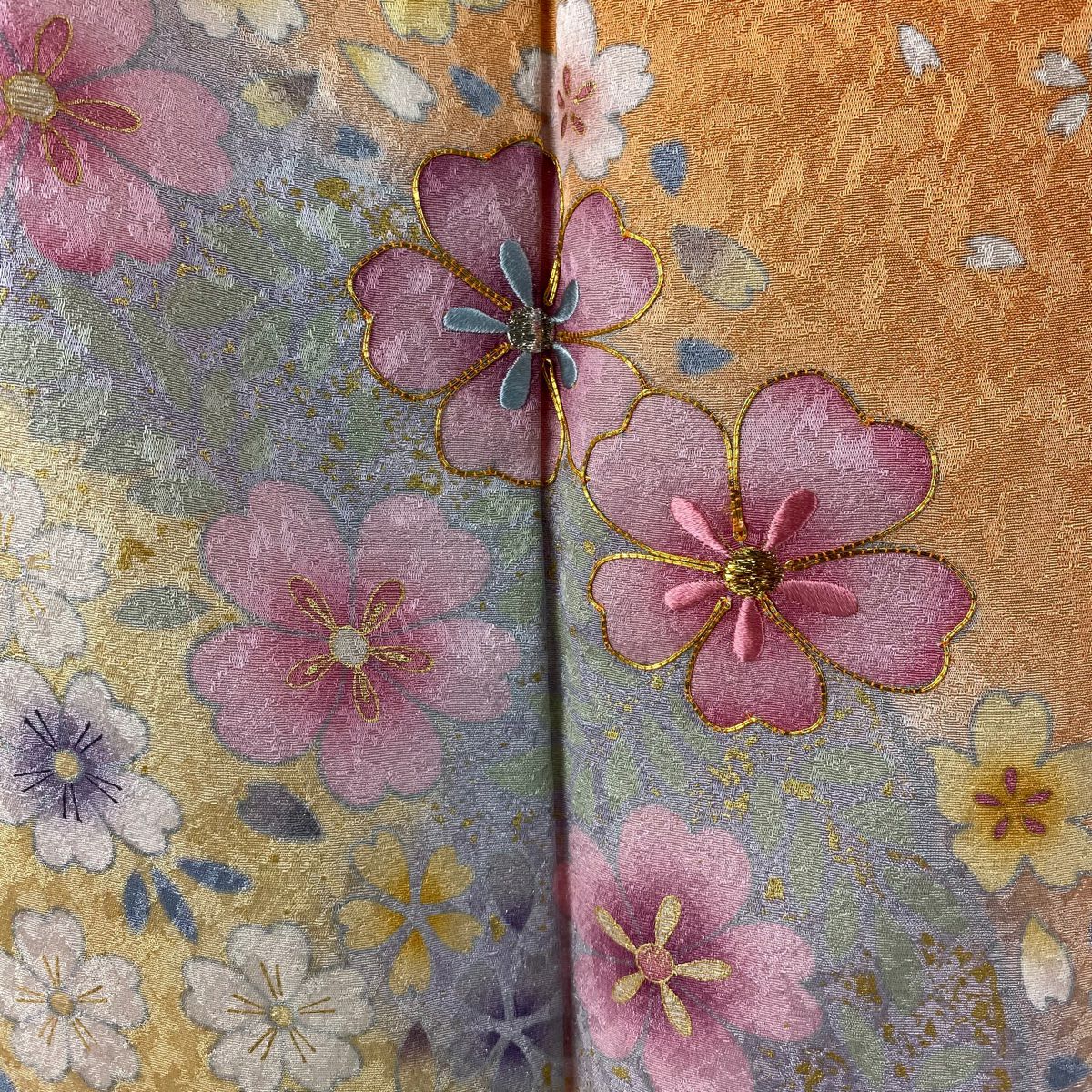 【美品】振袖禮服 身長156cm 袖長64.5cm M 雙層 櫻花花瓣 銀通金絲 橙色 純蠶絲 逸品級