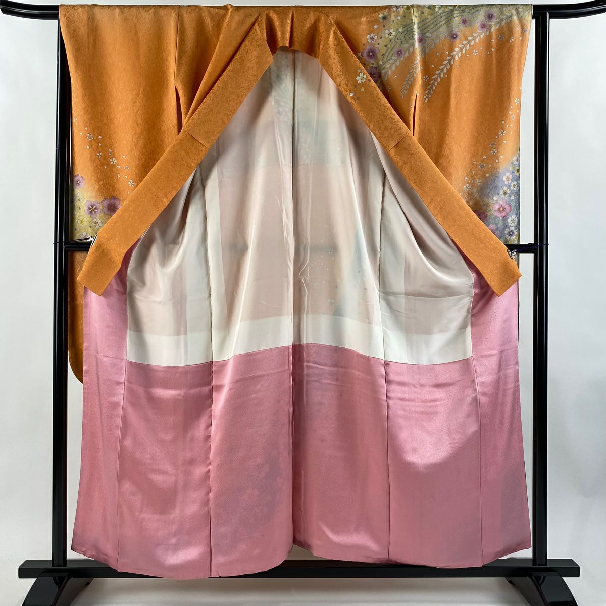【美品】振袖禮服 身長156cm 袖長64.5cm M 雙層 櫻花花瓣 銀通金絲 橙色 純蠶絲 逸品級