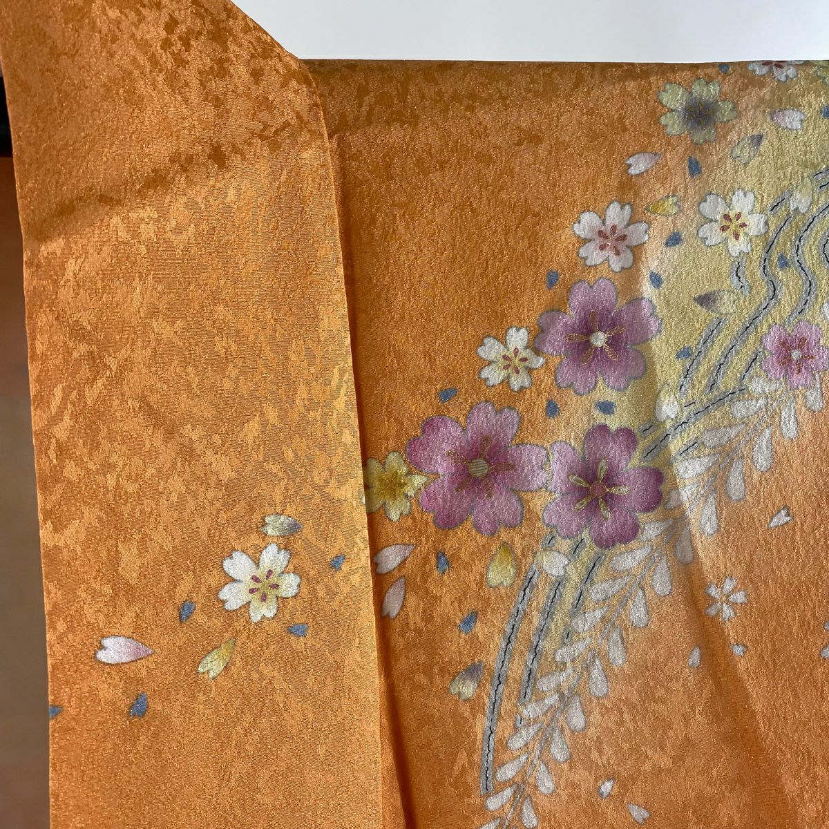 【美品】振袖禮服 身長156cm 袖長64.5cm M 雙層 櫻花花瓣 銀通金絲 橙色 純蠶絲 逸品級