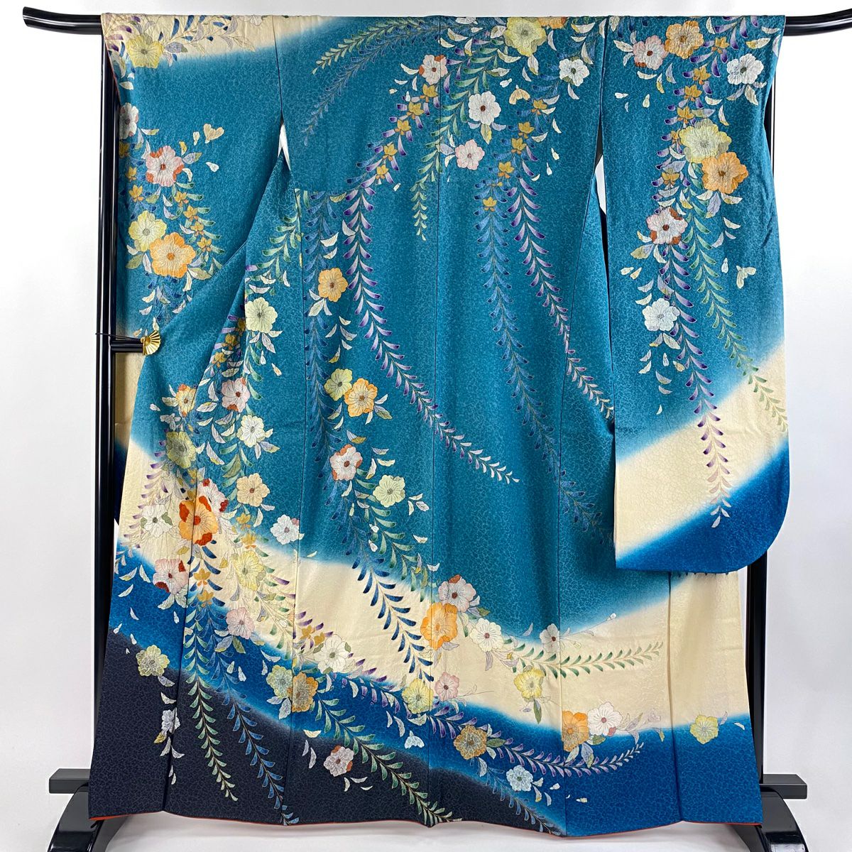 【美品】振袖禮服 身長164cm 袖長68cm L 雙層 辻花染 銀通 金銀彩 青灰 純蠶絲 逸品級
