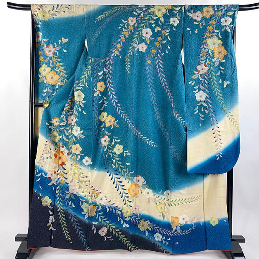 【美品】振袖禮服 身長164cm 袖長68cm L 雙層 辻花染 銀通 金銀彩 青灰 純蠶絲 逸品級