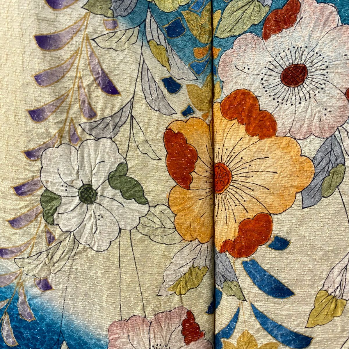 【美品】振袖禮服 身長164cm 袖長68cm L 雙層 辻花染 銀通 金銀彩 青灰 純蠶絲 逸品級