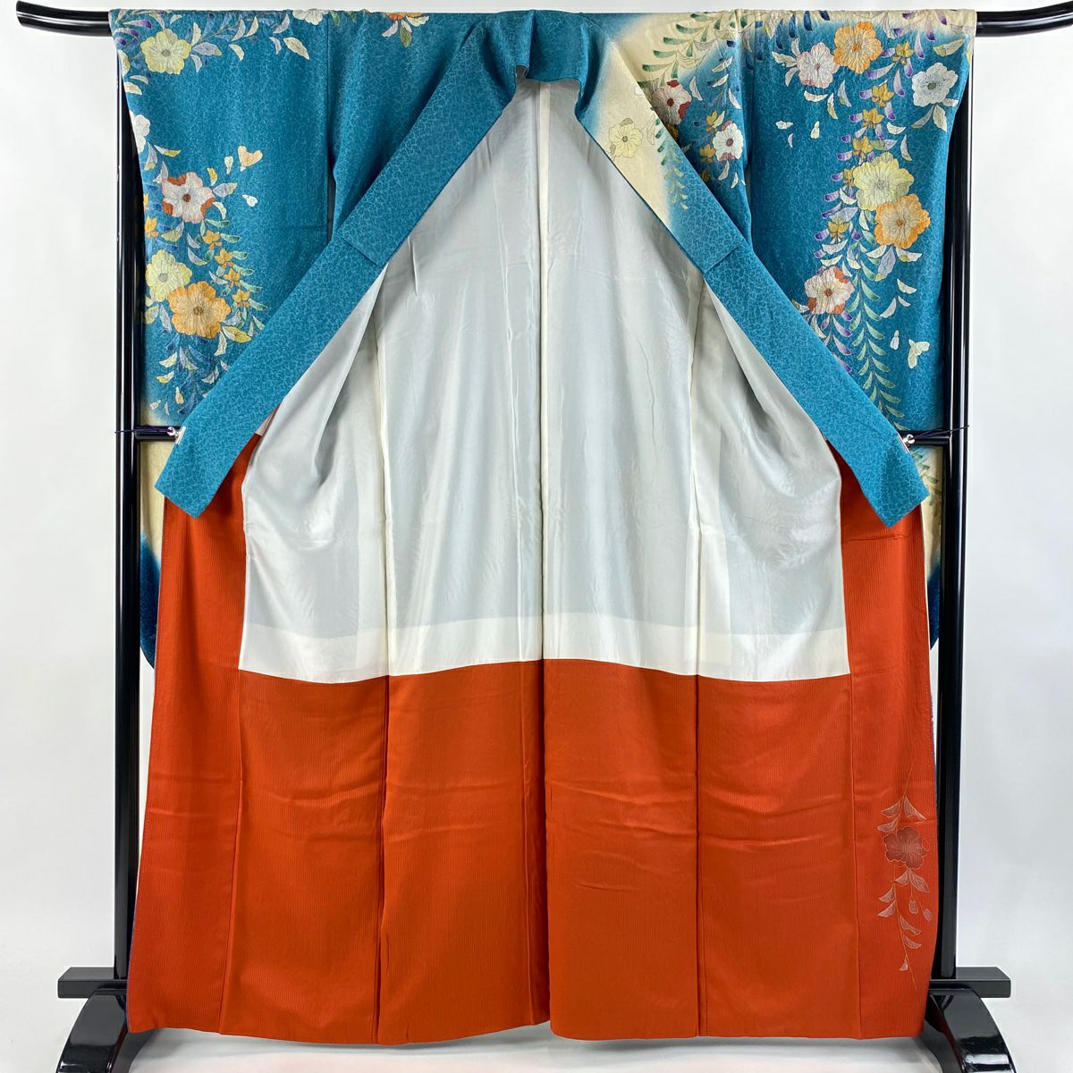 【美品】振袖禮服 身長164cm 袖長68cm L 雙層 辻花染 銀通 金銀彩 青灰 純蠶絲 逸品級