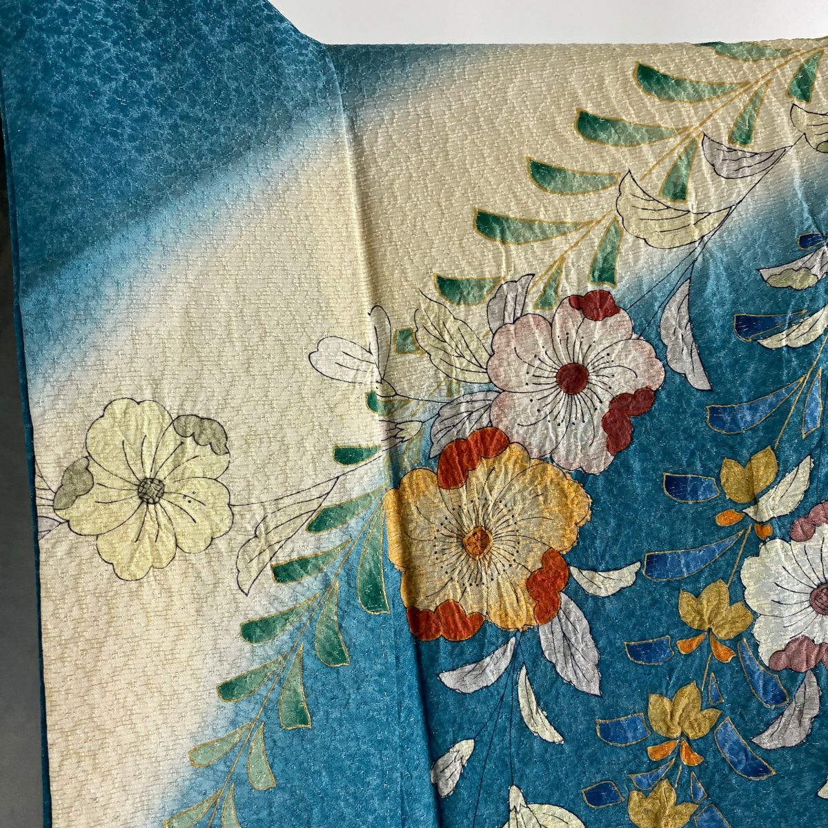 【美品】振袖禮服 身長164cm 袖長68cm L 雙層 辻花染 銀通 金銀彩 青灰 純蠶絲 逸品級