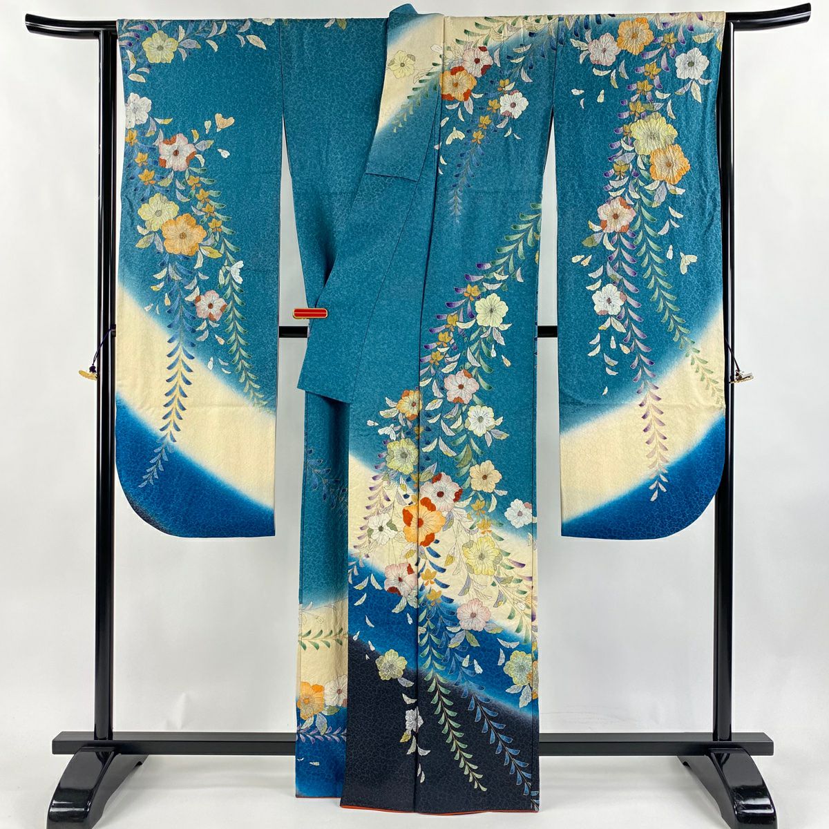【美品】振袖禮服 身長164cm 袖長68cm L 雙層 辻花染 銀通 金銀彩 青灰 純蠶絲 逸品級