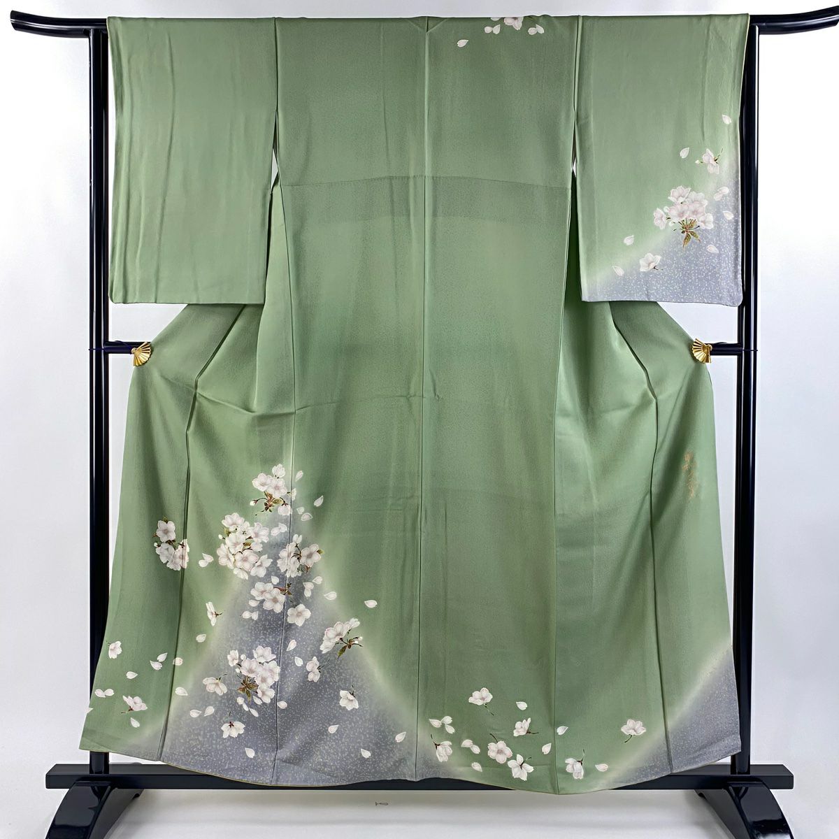 訪問服 身長156.5cm 袖長64cm M 雙層 中村乃武夫 落款あり 樱花 霞 金銀彩 染分 薄綠 純蠶絲 逸品級