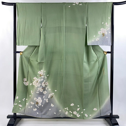 訪問服 身長156.5cm 袖長64cm M 雙層 中村乃武夫 落款あり 樱花 霞 金銀彩 染分 薄綠 純蠶絲 逸品級