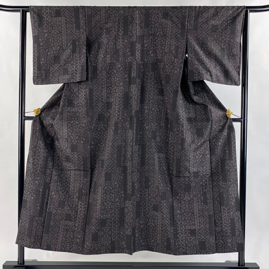 【美品】結城紬織 身長150.5cm 袖長62.5cm S 單層 手織娘 奥順 鈴乃屋 證書あり 龜甲 華紋 焦茶 純蠶絲 逸品級