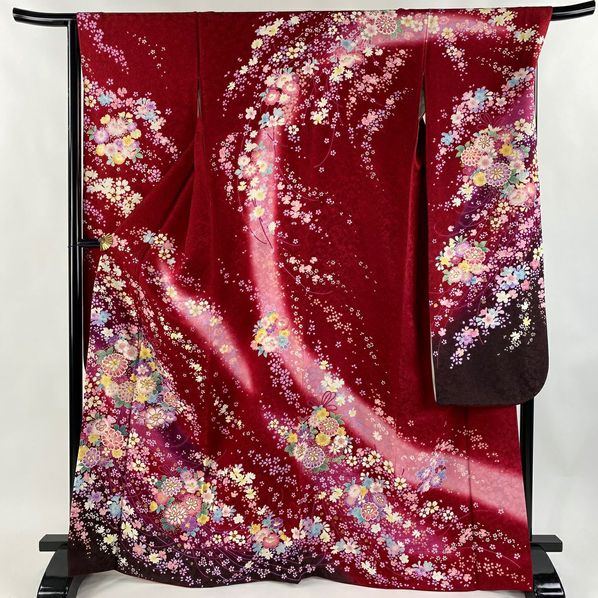 【美品】振袖禮服 身長167.5cm 袖長66cm M 雙層 花束 組紐 金糸 金通し 紅 純蠶絲 逸品級