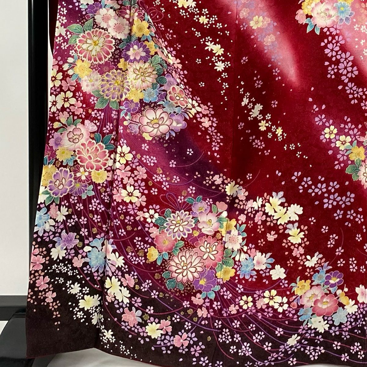 【美品】振袖禮服 身長167.5cm 袖長66cm M 雙層 花束 組紐 金糸 金通し 紅 純蠶絲 逸品級