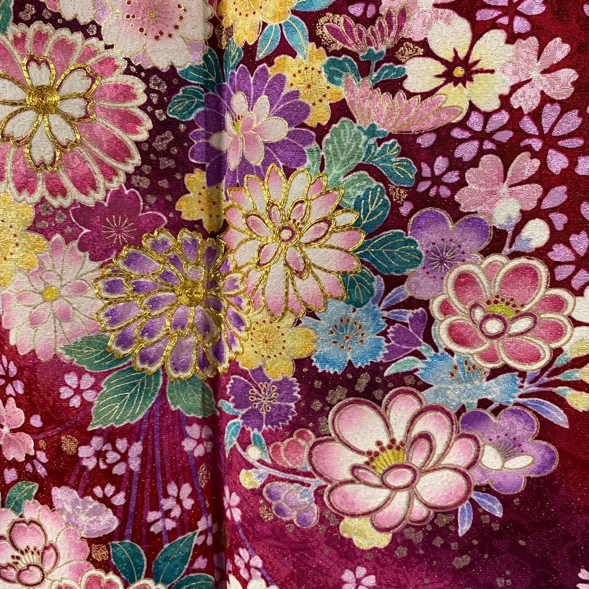 【美品】振袖禮服 身長167.5cm 袖長66cm M 雙層 花束 組紐 金糸 金通し 紅 純蠶絲 逸品級