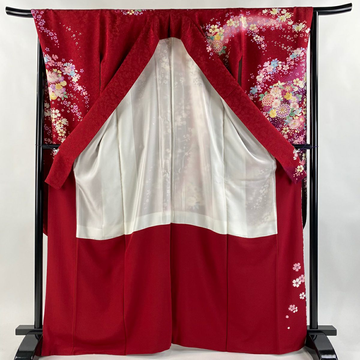 【美品】振袖禮服 身長167.5cm 袖長66cm M 雙層 花束 組紐 金糸 金通し 紅 純蠶絲 逸品級