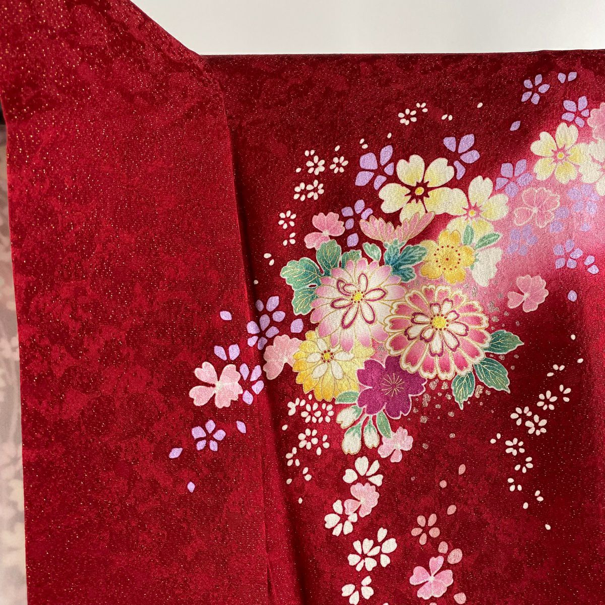 【美品】振袖禮服 身長167.5cm 袖長66cm M 雙層 花束 組紐 金糸 金通し 紅 純蠶絲 逸品級