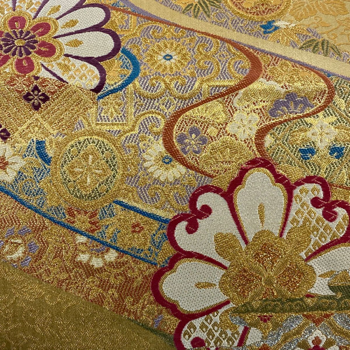 【美品】 袋帶 秀品級 華紋 草花紋紋 金金箔 金線 金 六通 純蠶絲