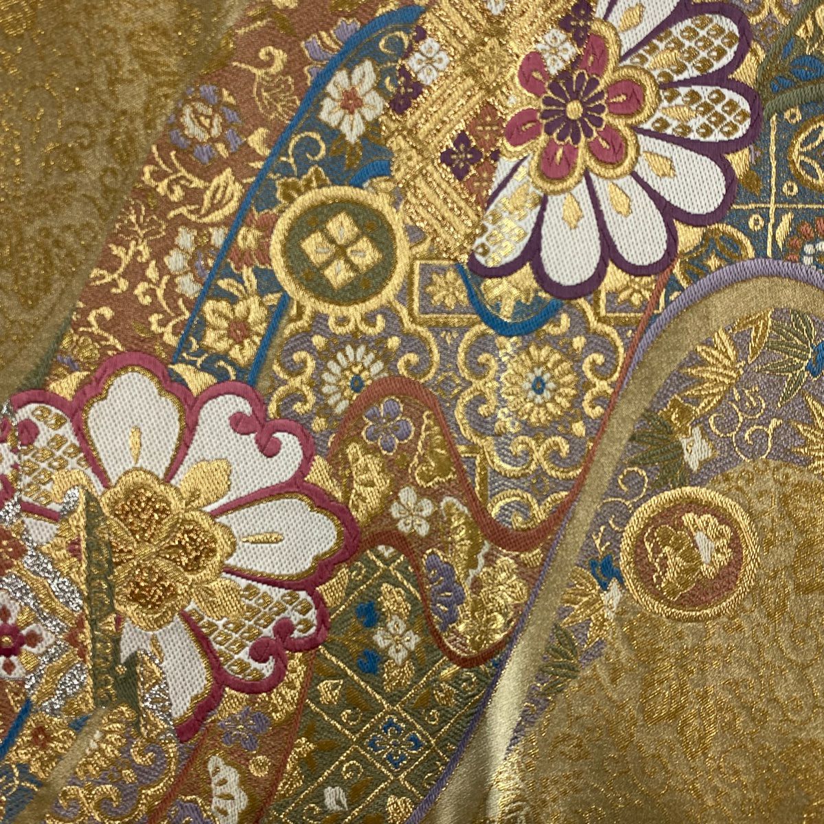 【美品】 袋帶 秀品級 華紋 草花紋紋 金金箔 金線 金 六通 純蠶絲