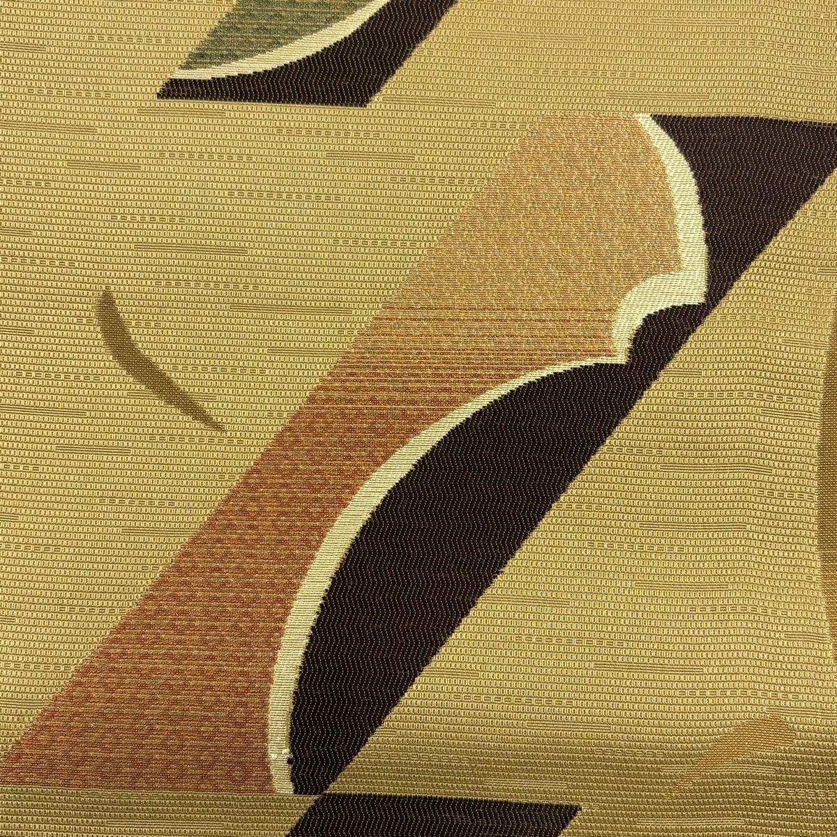 【美品】 袋帶 秀品級 幾何圖案 山吹茶 純蠶絲 六通
