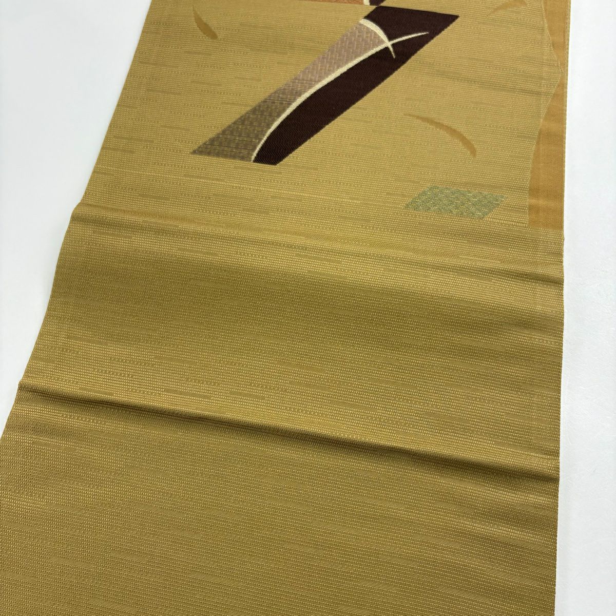 【美品】 袋帶 秀品級 幾何圖案 山吹茶 純蠶絲 六通