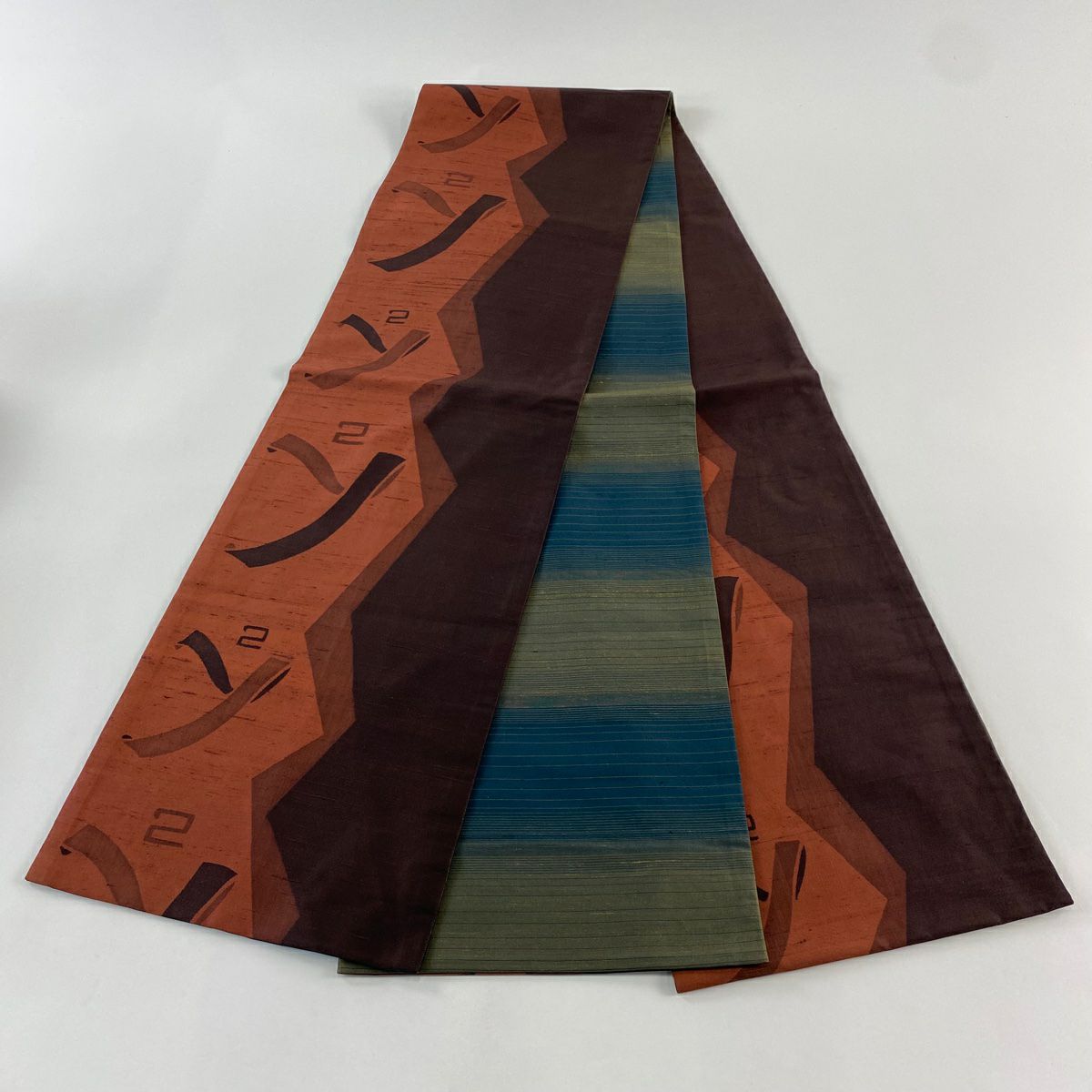 【美品】 袋帶 秀品級 紬織織 幾何圖案 茶 全通 純蠶絲
