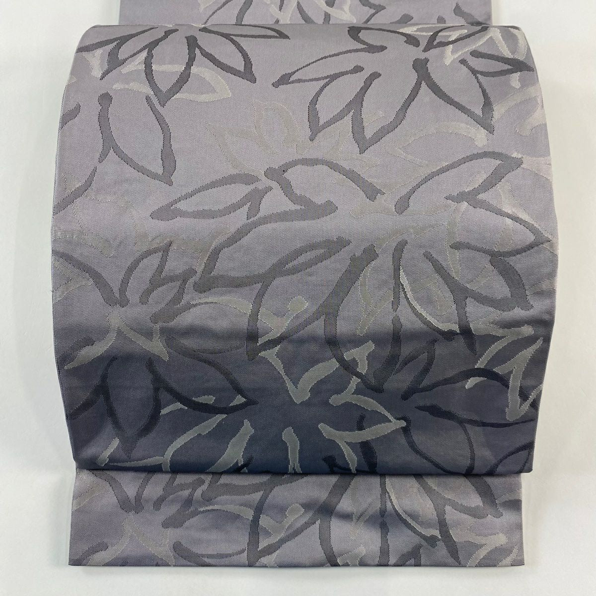 【美品】 袋帶 優品級 紬織織 葉紋 灰紫 六通 純蠶絲