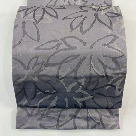 【美品】 袋帶 優品級 紬織織 葉紋 灰紫 六通 純蠶絲