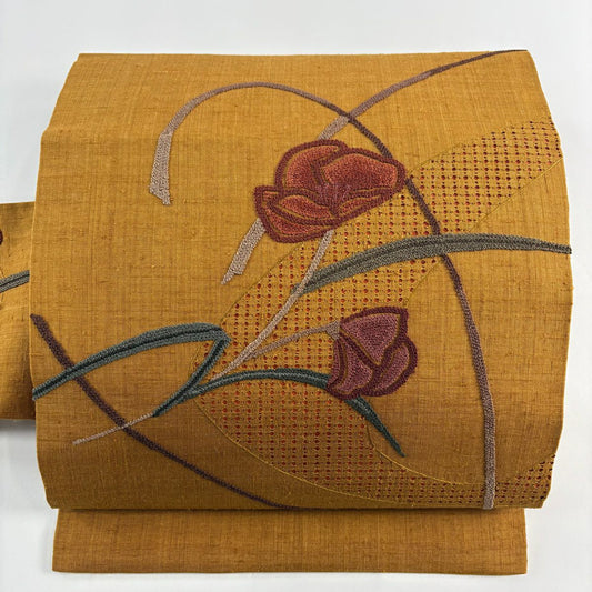 【美品】名古屋帶 秀品級 紬織織 草花紋紋 刺繡 山吹茶 純蠶絲