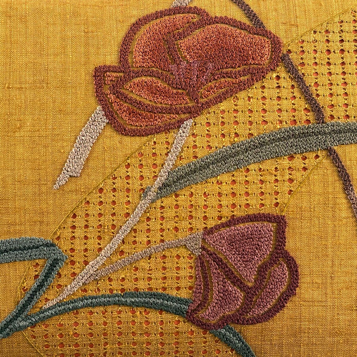【美品】名古屋帶 秀品級 紬織織 草花紋紋 刺繡 山吹茶 純蠶絲