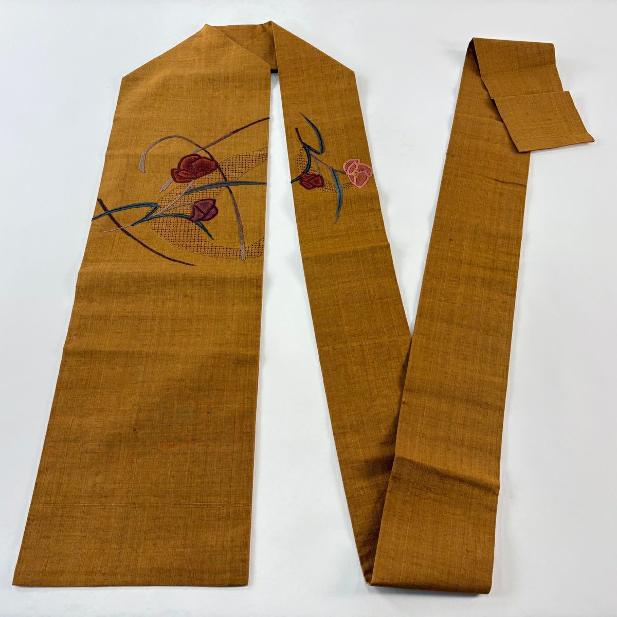 【美品】名古屋帶 秀品級 紬織織 草花紋紋 刺繡 山吹茶 純蠶絲
