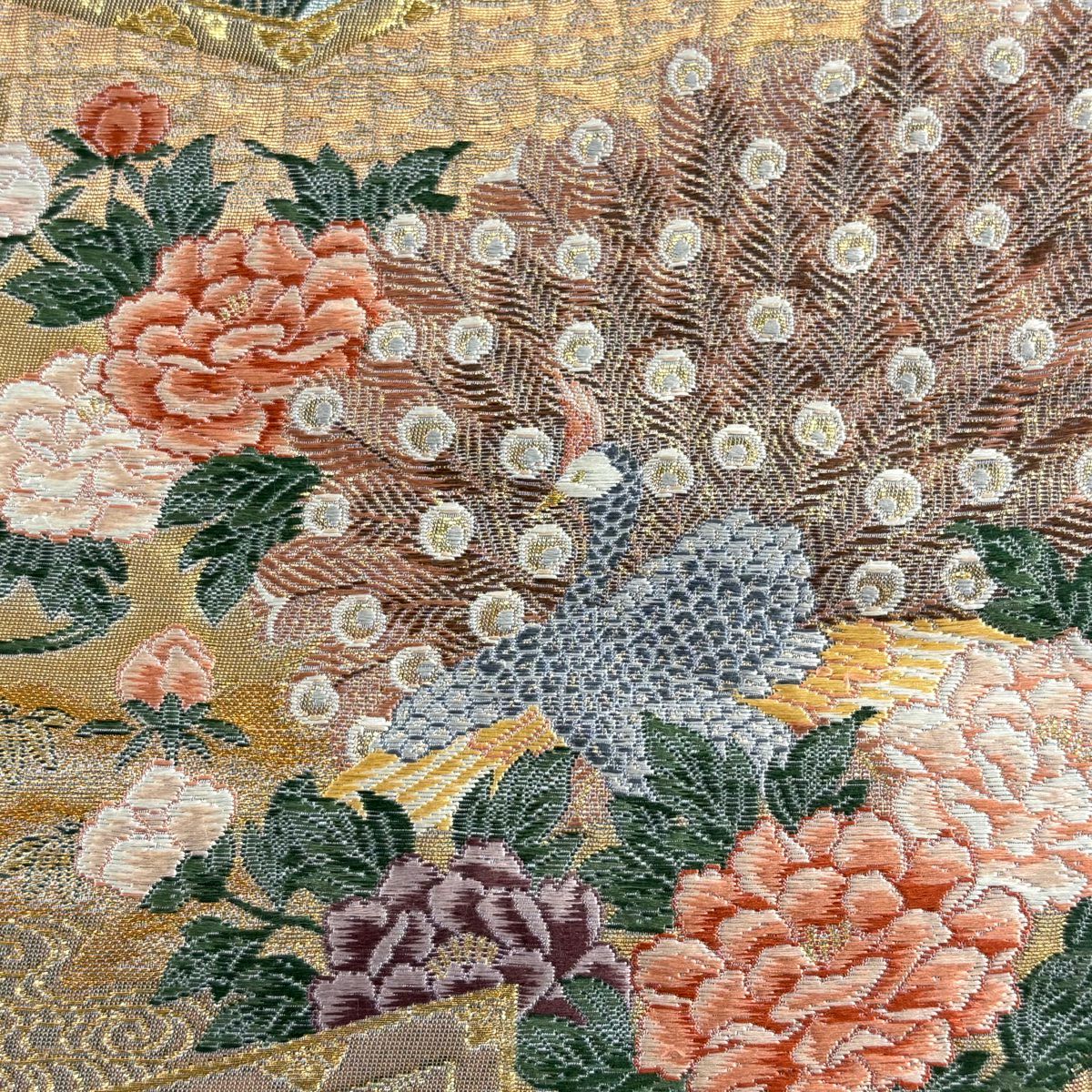 【美品】 袋帶 秀品級 孔雀 草花紋 金糸 金金箔 灰色 六通 純蠶絲
