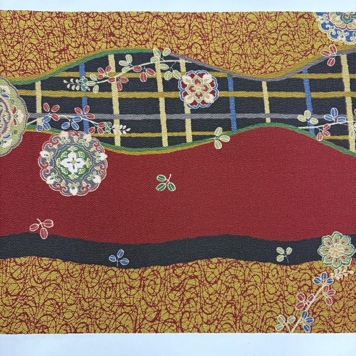 名古屋帶 秀品級 華紋 萩 金銀彩 縮緬 深紅 純蠶絲