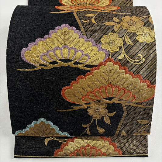 袋帶 秀品級 笠松樹 櫻花 金金箔 黑 六通 純蠶絲