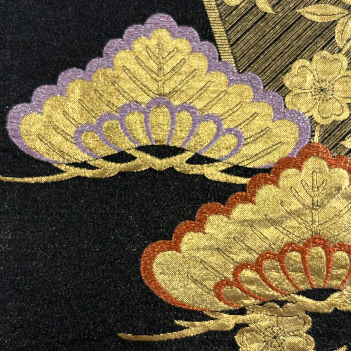 袋帶 秀品級 笠松樹 櫻花 金金箔 黑 六通 純蠶絲