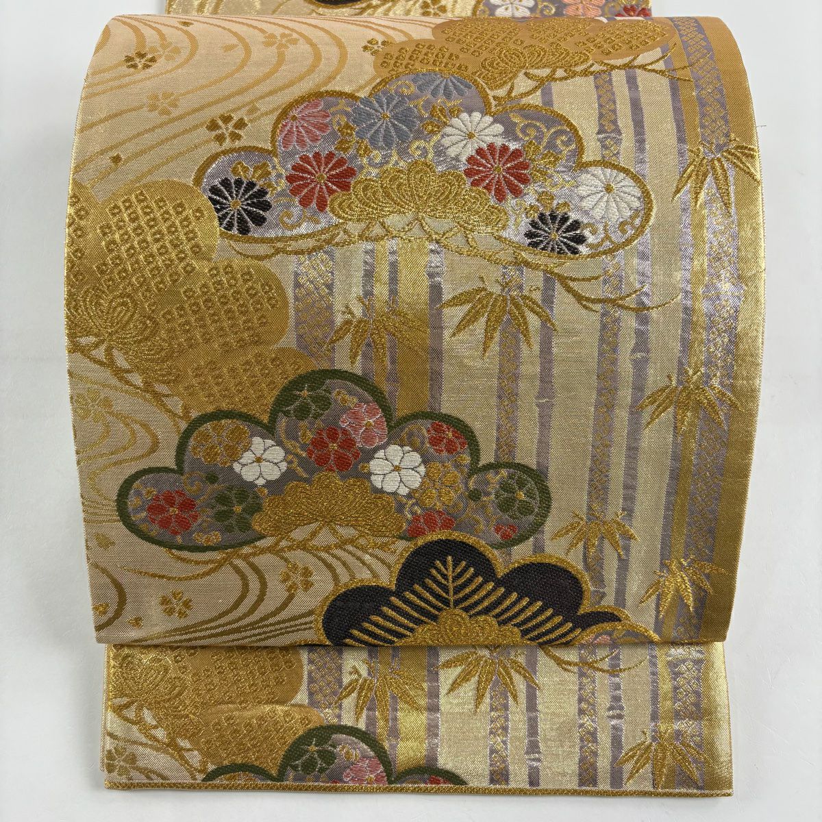 【美品】 袋帶 秀品級 松樹竹子梅花 流水 金絲 金金箔 金色 六通 純蠶絲