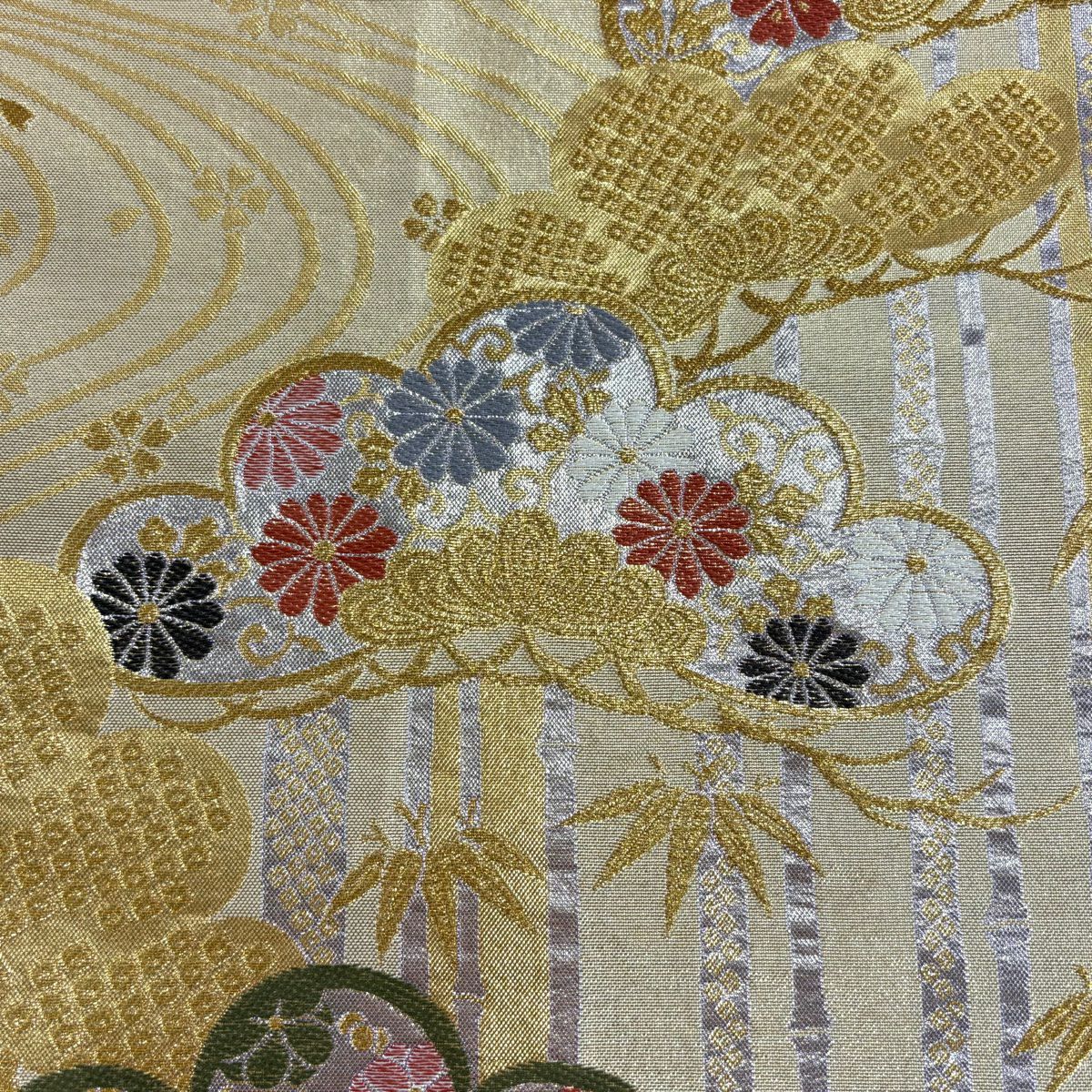 【美品】 袋帶 秀品級 松樹竹子梅花 流水 金絲 金金箔 金色 六通 純蠶絲