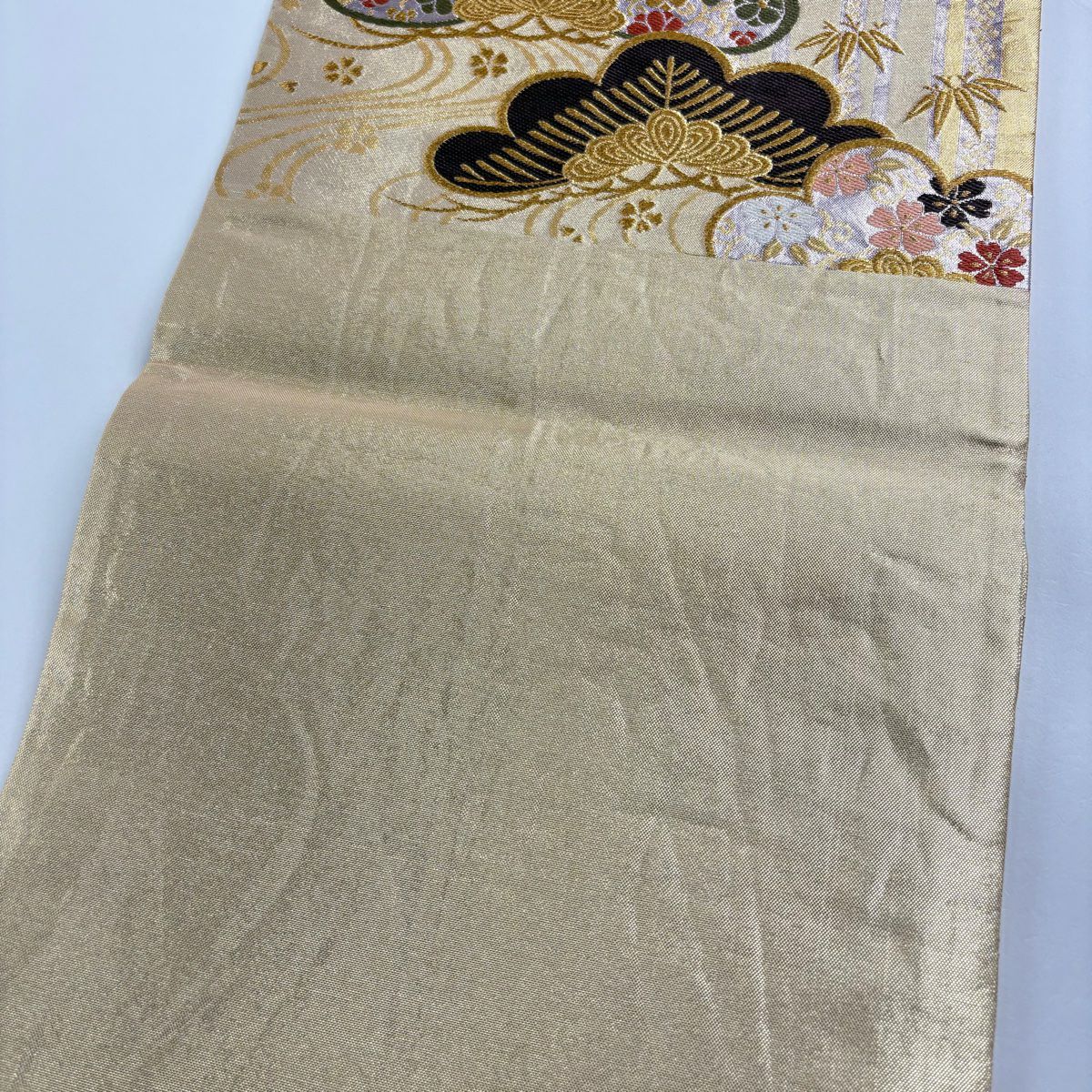 【美品】 袋帶 秀品級 松樹竹子梅花 流水 金絲 金金箔 金色 六通 純蠶絲