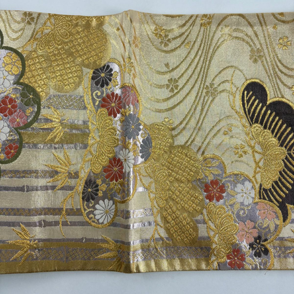 【美品】 袋帶 秀品級 松樹竹子梅花 流水 金絲 金金箔 金色 六通 純蠶絲