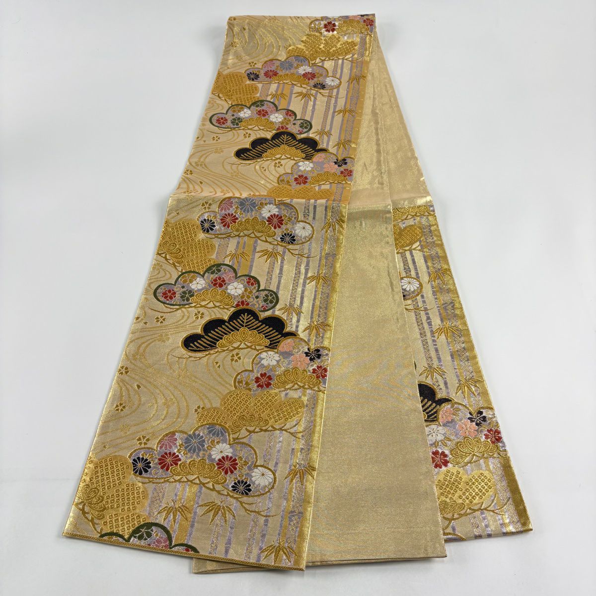 【美品】 袋帶 秀品級 松樹竹子梅花 流水 金絲 金金箔 金色 六通 純蠶絲