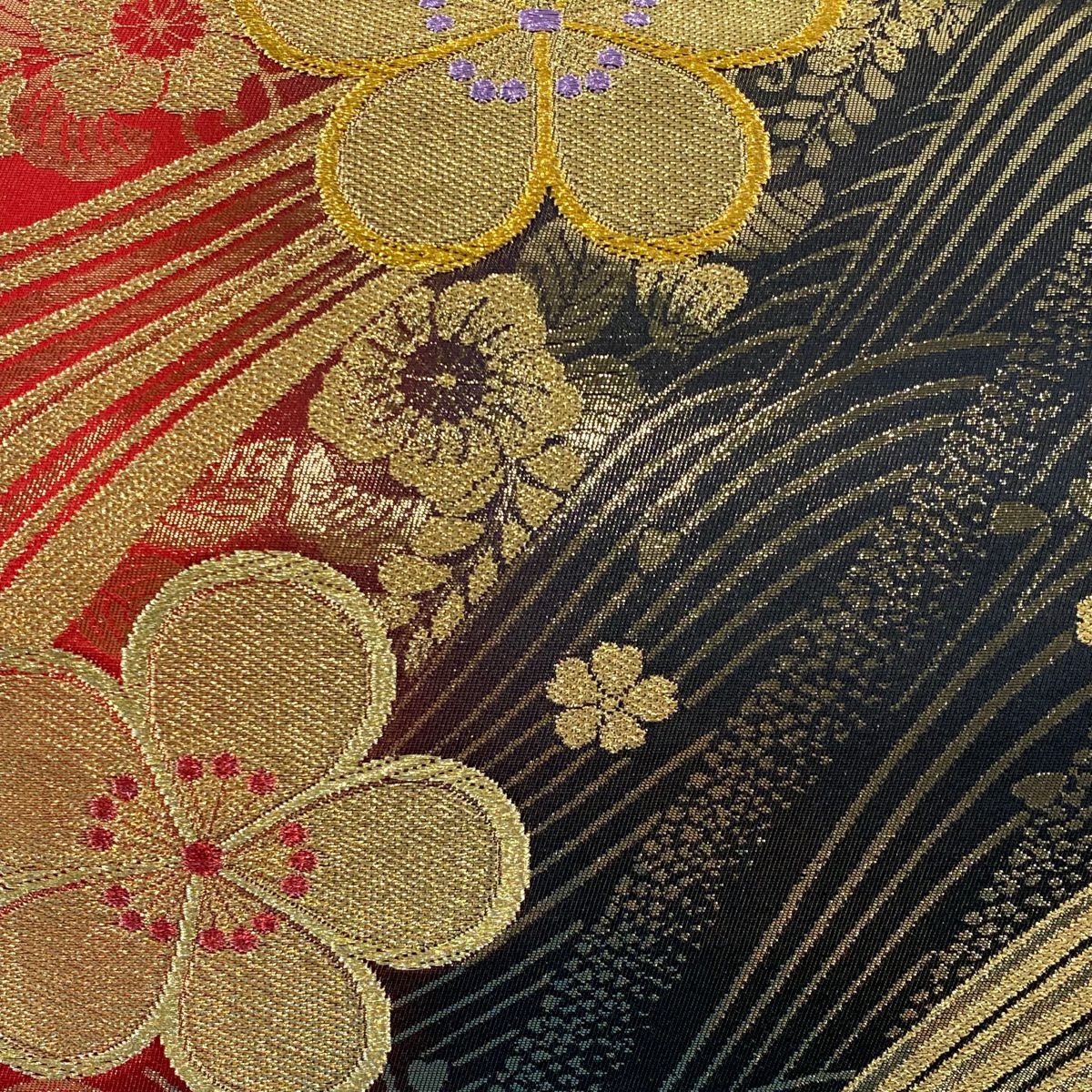 【美品】 袋帶 秀品級 梅花 波 金糸 金金箔 紅黑 六通 純蠶絲