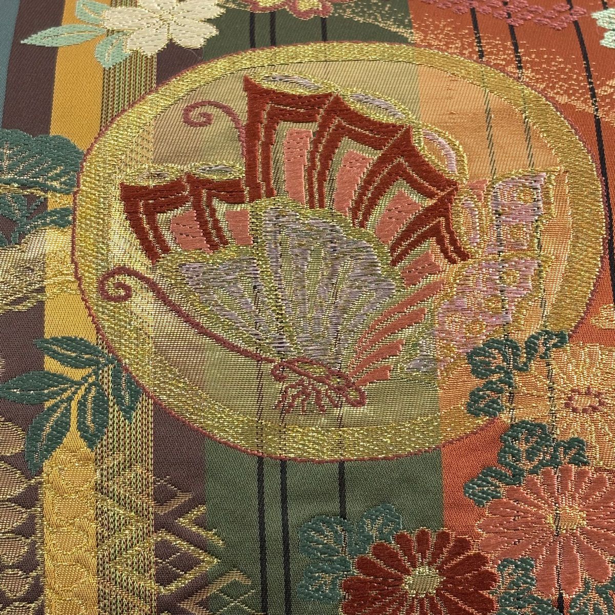 袋帶 秀品級 蝴蝶 松樹梅花 唐織 金金箔 紅茶 六通 純蠶絲